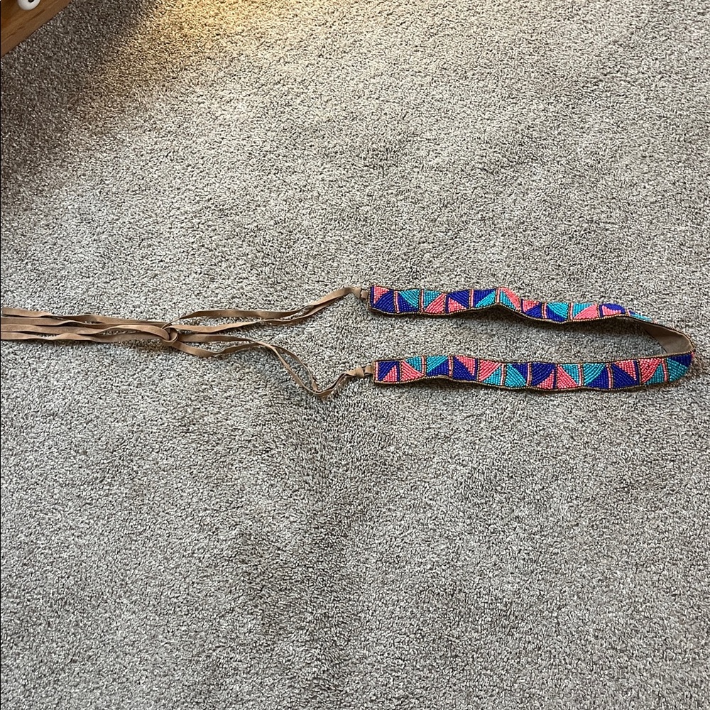 Vegan Leather Vibrant Turquoise Navy Coral and Bronze Beaded tie belt 64 inches - Picture 5 of 16